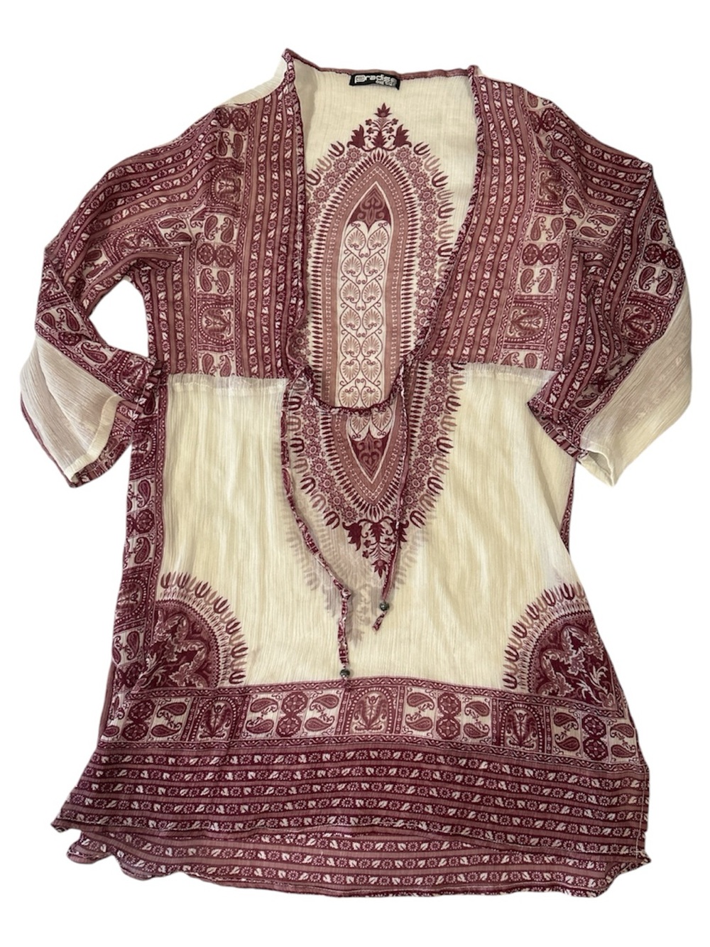 Paradise Boho Printed Sheer Tunic Top - Cream and Burgundy Sz L